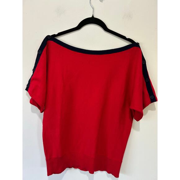 Lauren Ralph Lauren cotton knit top size S red with blue trim buttons boatneck - Picture 1 of 7